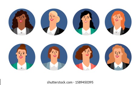 Business women avatars. Smiling female faces. Vector round banners with girls