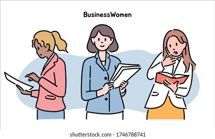 Business women busy working. hand drawn style vector design illustrations. 