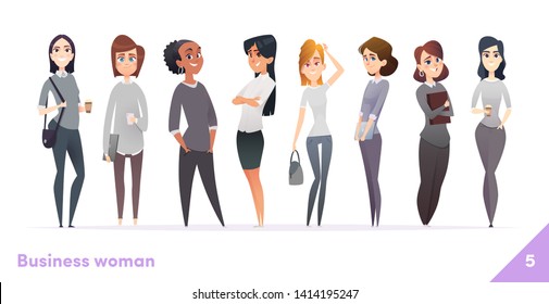 Business women character design collection. Modern cartoon flat style. Females stand together. Young professional females poses