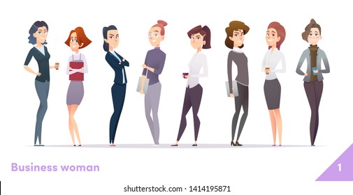 Business women character design collection. Modern cartoon flat style. Females stand together. Young professional females poses