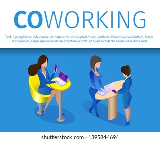 Business Women Characters in Elegant Formal Dressing Communicating and Working on Laptops in Coworking Area, Teamwork Project 3D Isometric Cartoon Vector Illustration, Horizontal Banner, Copy Space