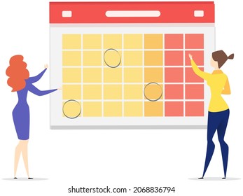 Business women check calendar. Planning day, work month projects planner and check events calendar. Task scheduling, work process organization concept. Colleagues create work schedule, monthly plan