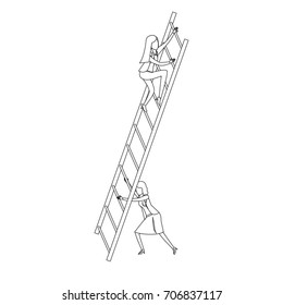 business women climbing wooden stairs monochrome silhouette dotted vector illustration
