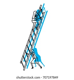 business women climbing wooden stairs blue watercolor silhouette vector illustration