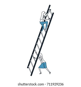 business women climbing wooden stairs in color blue sections silhouette vector illustration