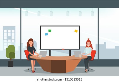 Business women co working in office room. Building in city. Business poeple in job.