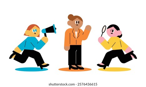 Business Women Collaboration. Magnifying glass. Megaphone. Talent recruitment. Recruitment notice.