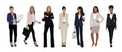 Business Women Collection. Isolated Vector Illustrations Diverse Multinational Standing Cartoon Women In Formal Office Outfits. Lady Boss In Black Or Beige Suit With Laptop, Coffee, Bag Or Briefcase.