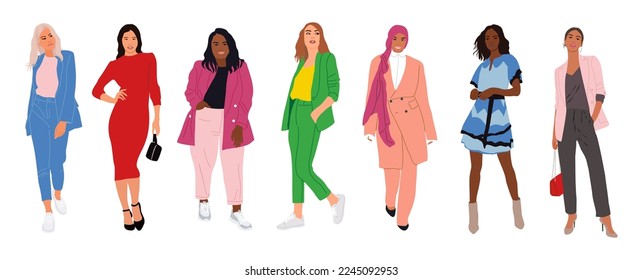 Business women collection. Realistic illustration of diverse multinational and multiracial standing cartoon women in smart casual office outfits. Pretty female characters isolated on white background.