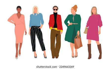 Business women collection. Realistic illustration of diverse multinational and multiracial standing cartoon women in smart casual office outfits. Pretty female characters isolated on white background.