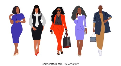 Business women collection. Realistic illustration of diverse multinational and multiracial standing cartoon women in smart casual office outfit. Pretty female characters isolated on white background.