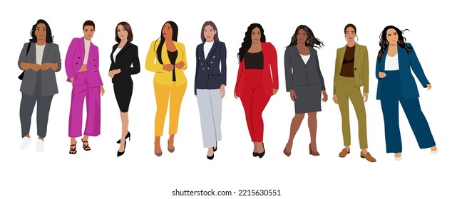 Business women collection. Set of  attractive lady boss in stylish office look. Vector realistic illustration of diverse multinational standing cartoon women in formal outfits. Isolated on white.