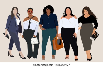 Business women collection. Set of Vector art illustrations of different curvy  women in formal office outfits. Each person are isolated.