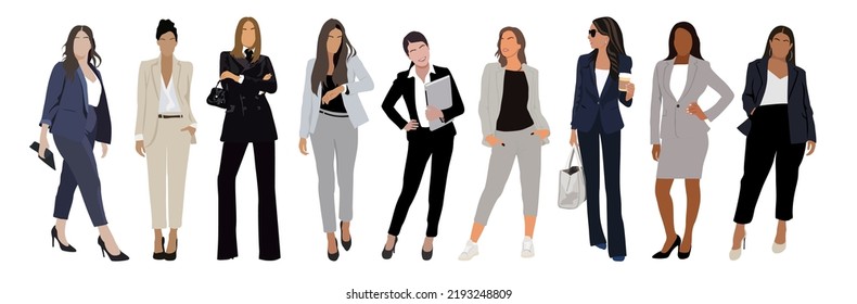 Business women collection. Set of Vector realistic illustrations of diverse multinational standing cartoon women in office outfits. Stylish girls wearing formal suits. Isolated on white.