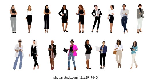 Business women collection. Vector illustration of diverse multinational standing cartoon women in office formal and smart casual outfits. Isolated on white.