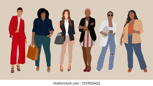 Business women collection. Vector illustration of diverse multinational standing cartoon women in office outfits. Attractive girls in smart casual clothes. Isolated on neutral background.