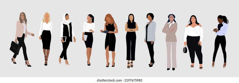 Business women collection. Vector illustration of diverse multinational standing cartoon women in formal office outfits. Isolated on white.