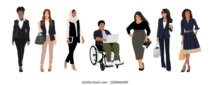 Business women collection. Vector illustration of diverse multinational standing cartoon women in office outfits. Isolated on white.