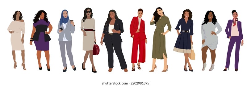 Business women collection. Vector illustration of diverse multinational standing cartoon women in formal office outfits. Isolated on white.