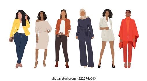 Business Women Collection Vektorgrafik diverser multinationaler und multiethnischer Cartoon-Frauen in intelligenten Gelegenheitsbüros. Hübsche weibliche Zeichen einzeln auf weißem Hintergrund.