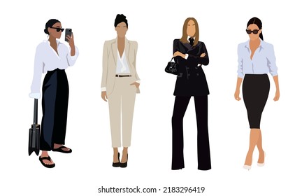 Business women collection. Vector realistic illustration of diverse multinational standing business girls in office outfits. Isolated on white.