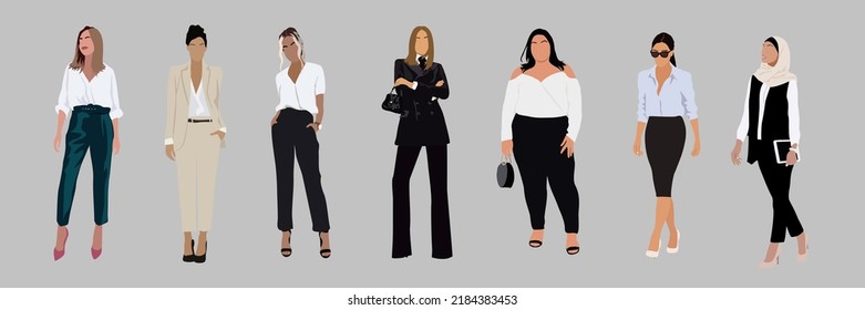 Colección de mujeres empresarias. Ilustración vectorial realista de las diversas caricaturas multinacionales en ropa de oficina. Todos los caracteres están aislados.