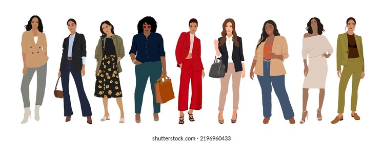 Business women collection. Vector realistic illustration of diverse multinational standing cartoon women in office outfits - formal and smart casual business look. Isolated on white.