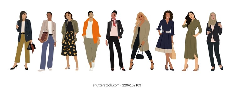 Business women collection. Vector realistic illustration of diverse multinational standing cartoon women in formal and smart casual office outfits. Isolated on white background.