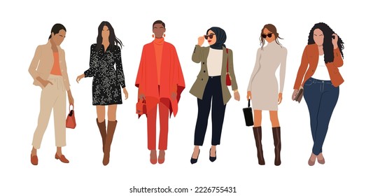 Business women collection. Vector realistic illustration of standing cartoon women different races, body types and ethnicities in smart casual office outfits. Isolated on white background. 