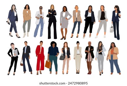 Kollektion der Geschäftsfrauen. Vektorgrafik Realistische Illustration der verschiedenen multinationalen Standing Cartoon-Frauen in formellen Büro-Outfits. Isoliert auf weißem Hintergrund.