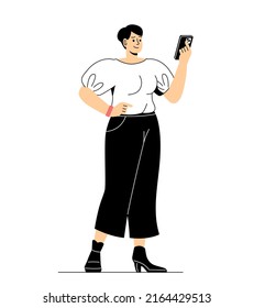 Business women collection. Young girl with smartphone in her hands in tshirt. Businesswoman or entrepreneur negotiating deal. Talented investor, financial literacy. Cartoon flat vector illustration