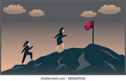 business women concept, two women race up the mountain to get the flag, vector flat illustration