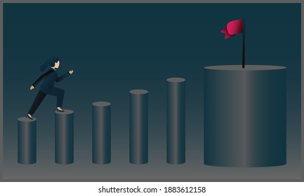 business women concept, a woman running to get the flag, vector flat illustration