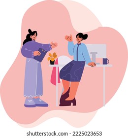 Geschäftsfrauen, die an einem Tisch konvergieren und einen Laptop in einem Büro benutzen, Vektorgrafik von Büros. Charaktere des Geschäftsteams diskutieren und diskutieren ein Ideenteam und eine Büroszene 