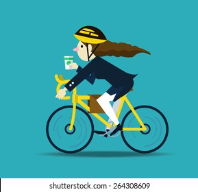 Business women cycling to work. flat design character. vector illustration