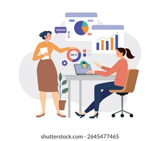 Business women discussing data analytics and project performance at office desk. Charts and infographics appear on screen and background. Vector illustration