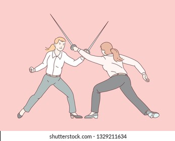 Business women doing rapier fencing, sword fighting & competing. Swords-women competitors attacking. Business competition, disagreement & conflict concept. Flat line vector illustration