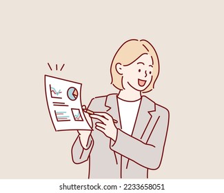 business women explaining and discussing the paper work that show graft. Hand drawn style vector design illustrations.