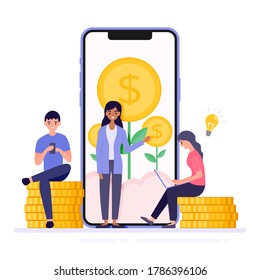 Business women explaining how to make more money income from smart phone. People sitting on a pile of gold coins working online have interesting ideas. Social media, E-commerce. Vector illustration.
