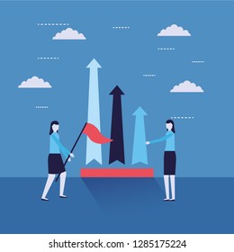business women with flag and chart arrows