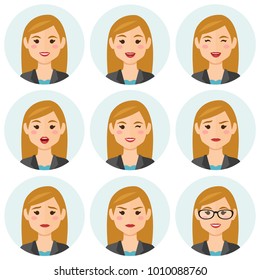 Business Women Flat Avatars Set With Different Facial Expressions. Bussines People's Emotional Faces Icons Collection. Vector Illustration.