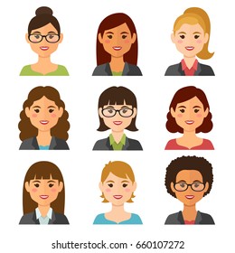 Business women flat avatars set with smiling face. Team icons collection. Vector illustration.