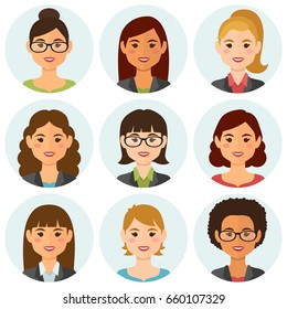 Business Women Flat Avatars Set With Smiling Face. Team Icons Collection. Vector Illustration.