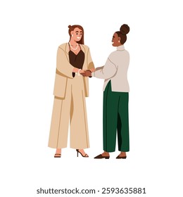 Business women greeting, meeting for professional communication. Happy smiling female partners, welcoming hand gesture, trust in relationship. Flat vector illustration isolated on white background