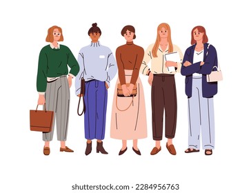 Business women group. Female community, businesswomen stand together in row. Young modern girls entrepreneurs. Employees, office workers portrait. Flat vector illustration isolated on white background