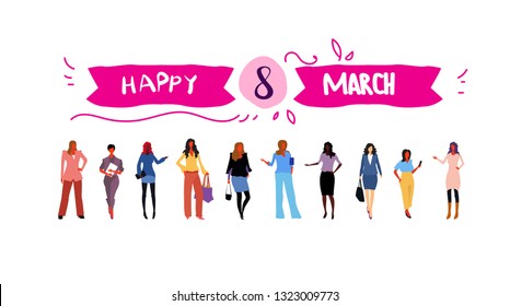 business women group standing together international happy 8 march day holiday celebration concept female characters full length white background horizontal greeting card sketch