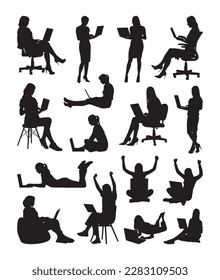 Business women group working on laptop various different poses silhouette set.