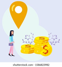 Business women hold bags with piles of coins next to them, pointers and flowers. Experience economic growth and success in business. Vector flat illustration 