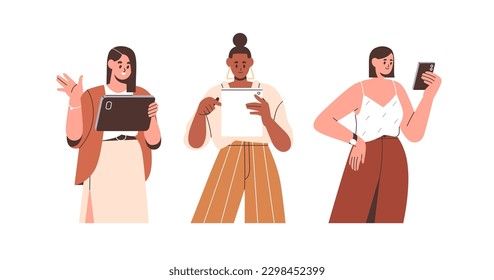 Business women holding gadgets, surfing internet with mobile phones, tablet PC. Online communication concept. Female entrepreneurs with devices. Flat vector illustration isolated on white background