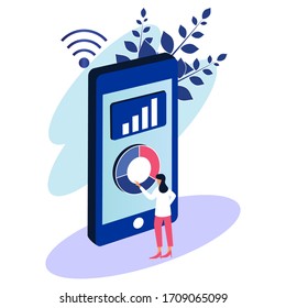 Business women interact with smartphones and analyze statistics. The concept of data visualization. 3D isometric vector illustration.